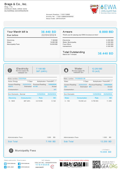 Modèle Word et PDF de facture de services publics de Bahreïn EWA
